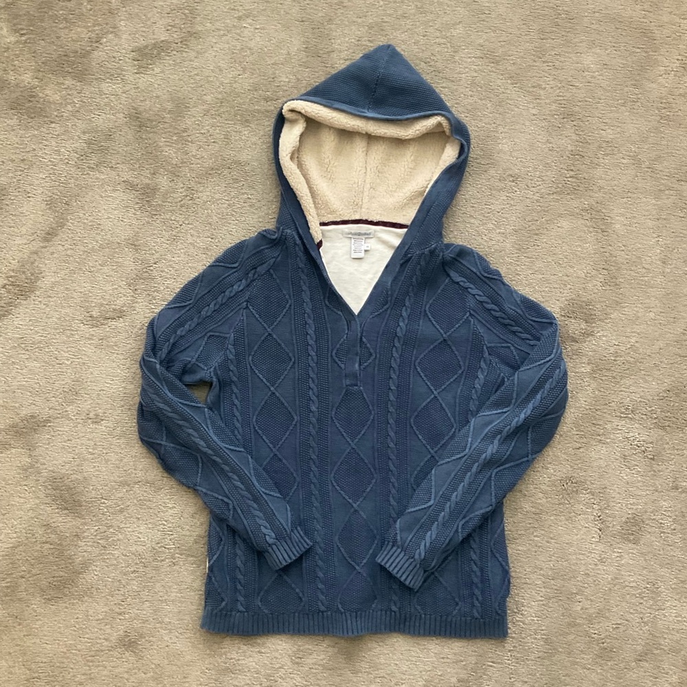 Women’s Blue Cable Knit Sweater with Hood
